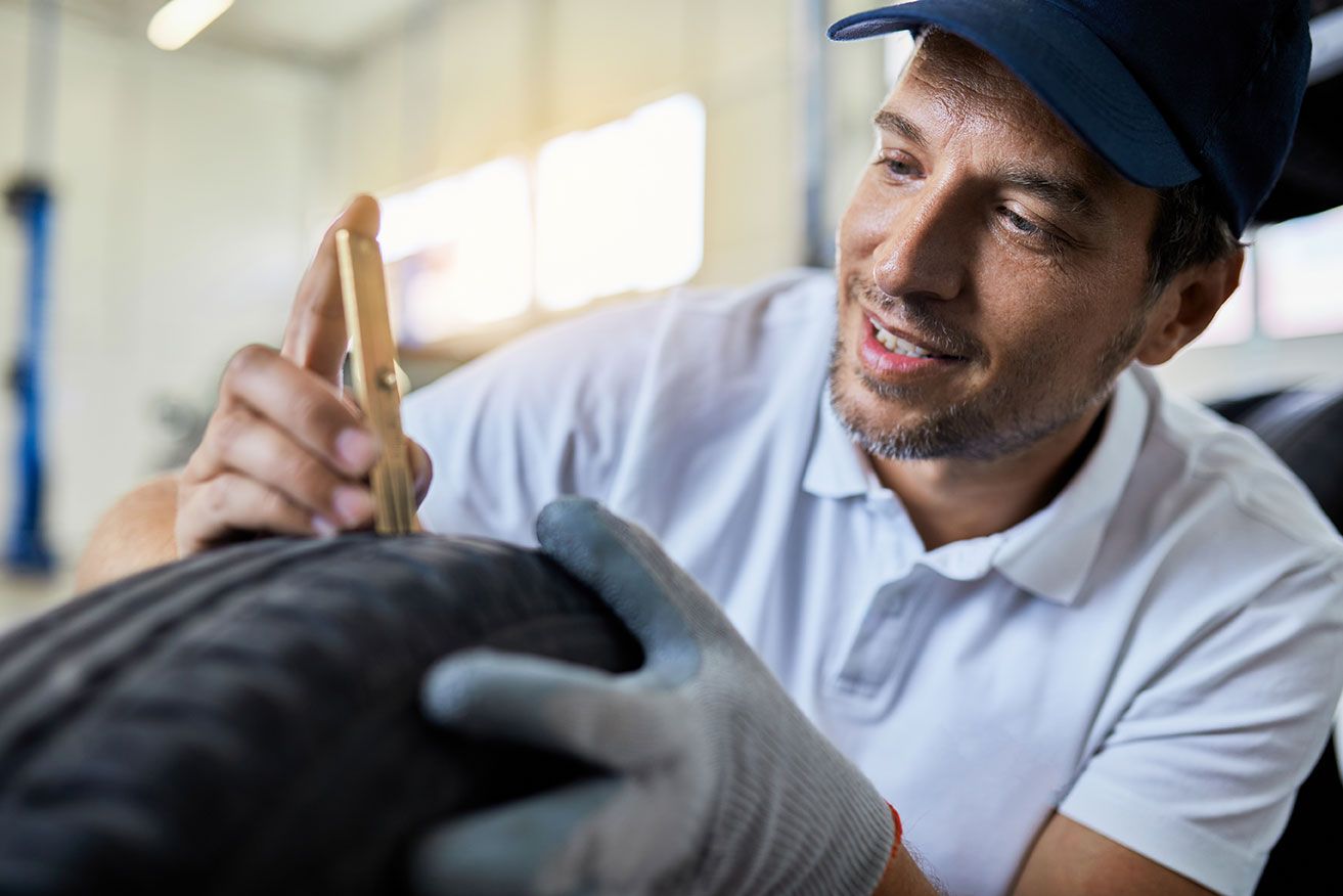 happy-mechanic-checking-depth-of-car-tire-in-auto
